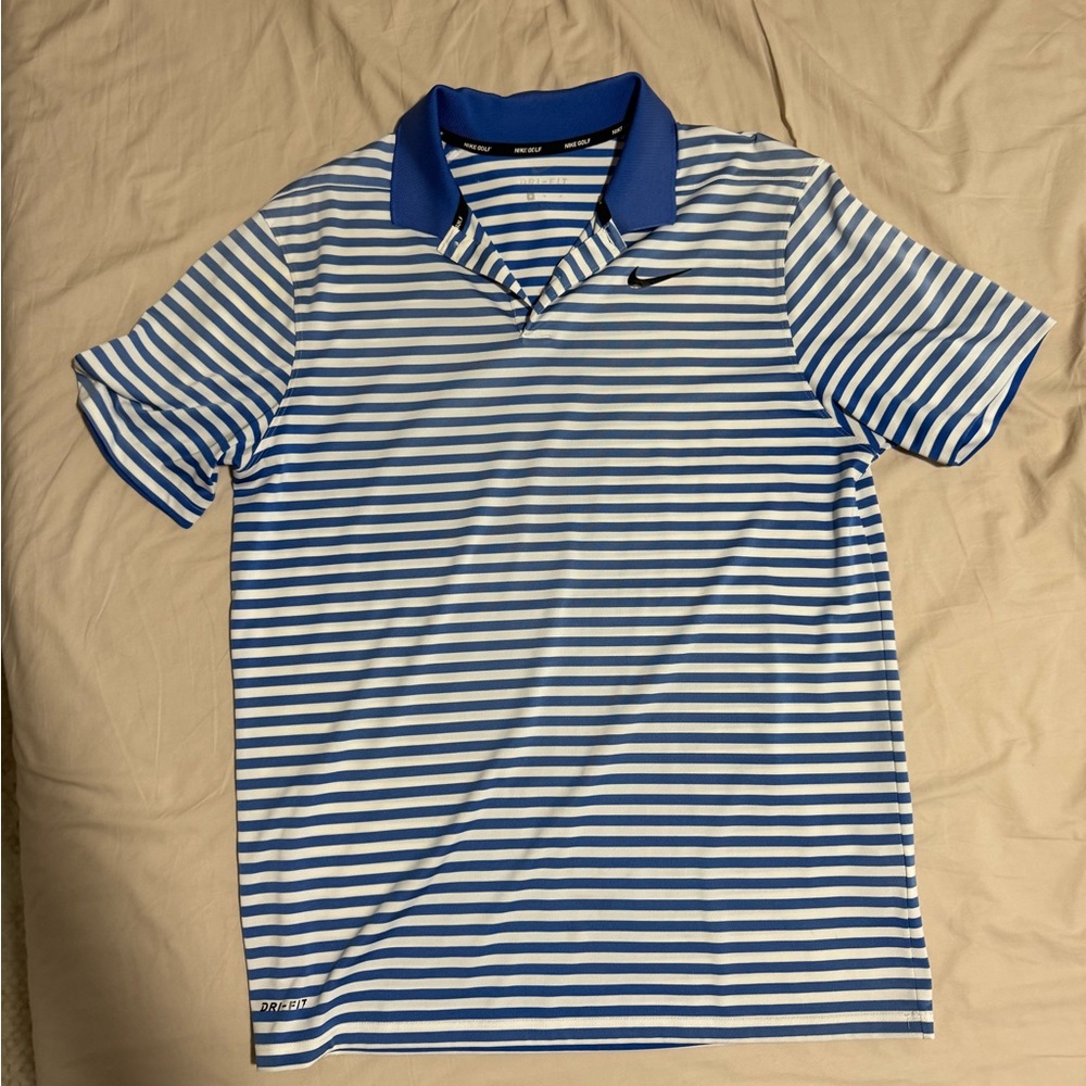 Nike Men's White and Blue Striped Polo Shirt